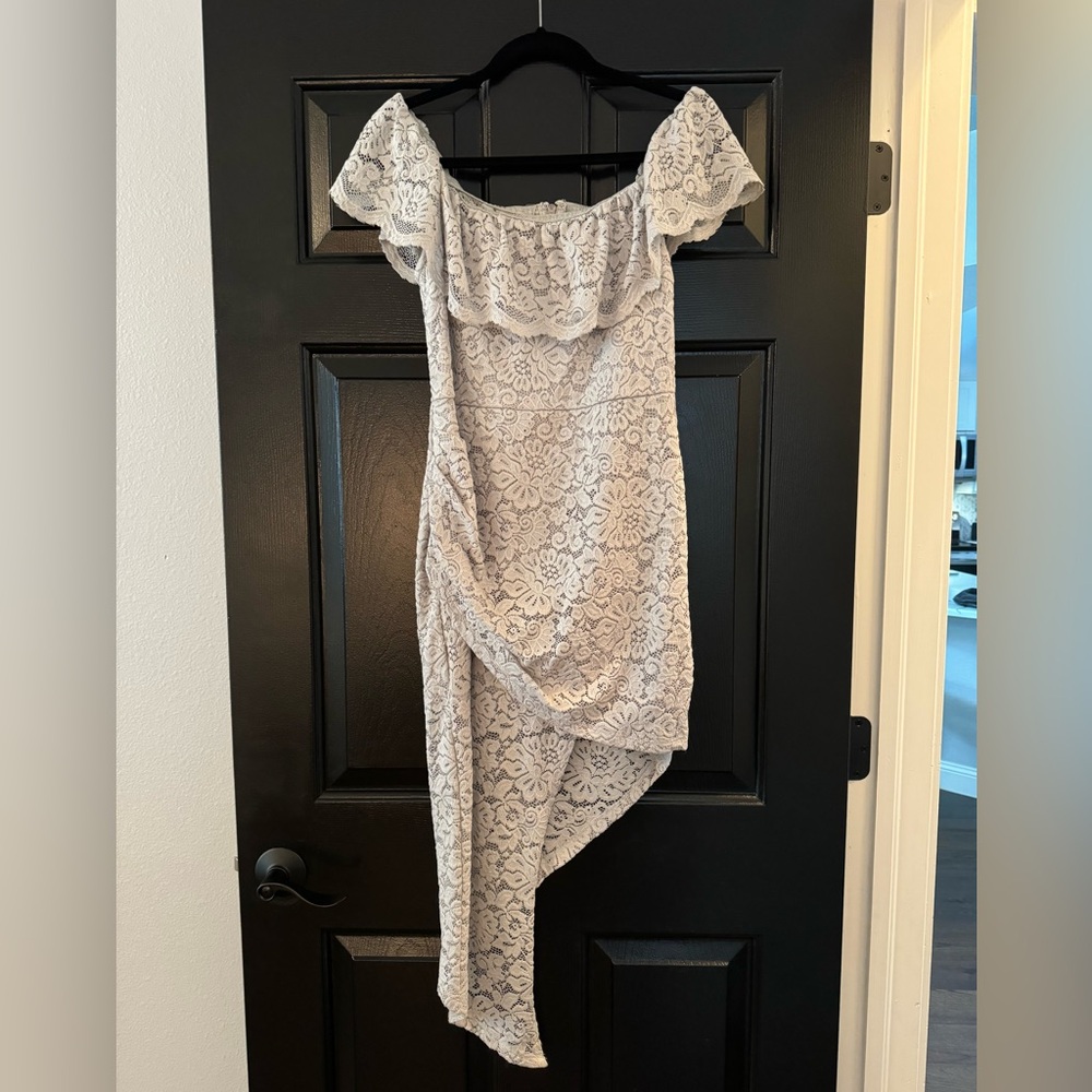 Dillard’s M Brand Off the Shoulder Asymmetrical Gray Dress.